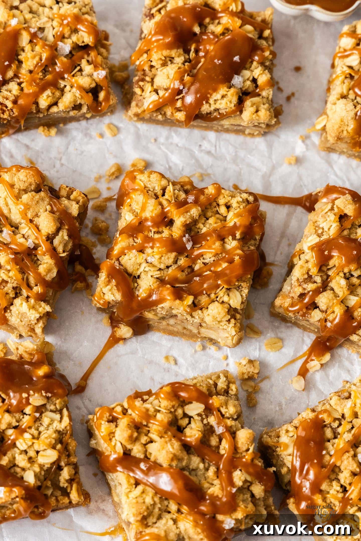 A top-down view of a freshly baked batch of salted caramel apple pie bars, showcasing their golden crumble and delicious layers.