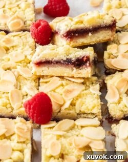 A few raspberry shortbread bars leaning up against one another.