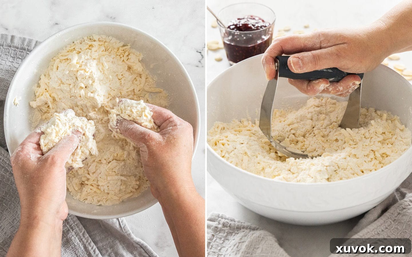 Showing how to work the butter into the flour mixture with hands or a pastry blender to achieve a crumbly texture.