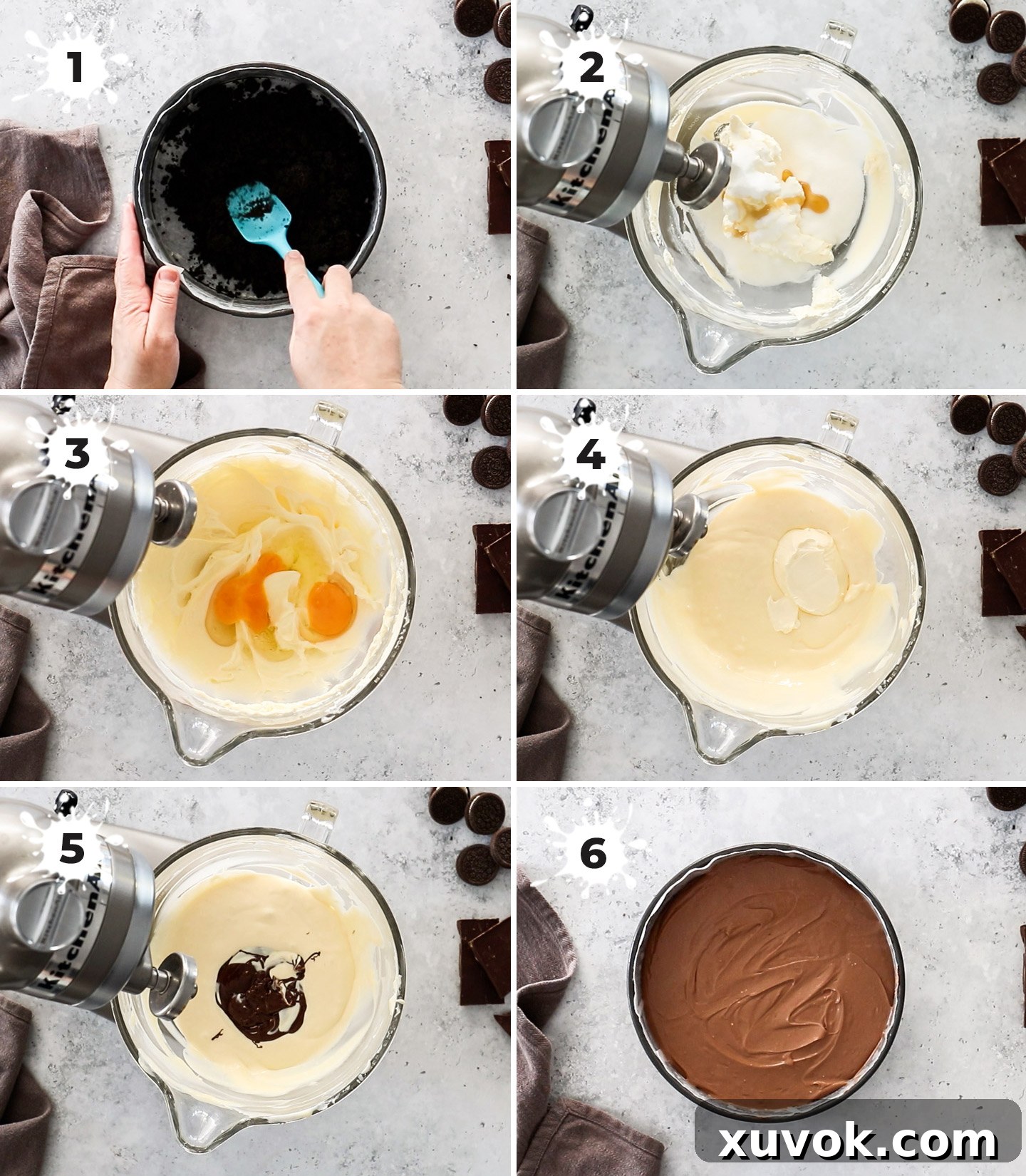 A collage showing how to make and assemble a chocolate cheesecake.