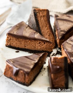 Closeup of a slice of chocolate cheesecake.