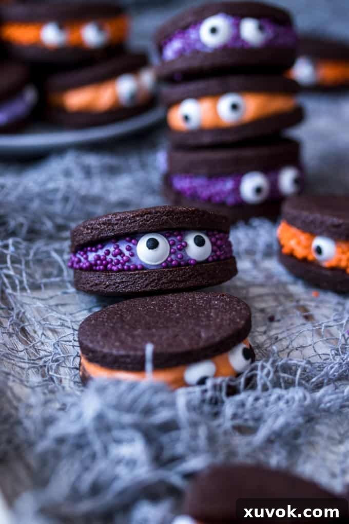 Chocolate sandwich cookies with purple and orange filling, decorated with sprinkles and eye balls, arranged artfully.