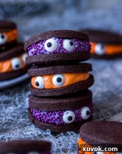 A stack of 3 chocolate cookies with candy eyes stuck to them, showcasing the monster theme.