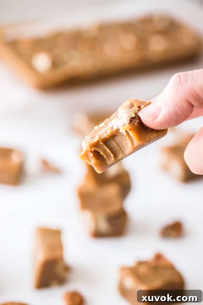 A hand holding a piece of pecan butterscotch fudge with bitemarks in it, showing the creamy texture and pecan pieces