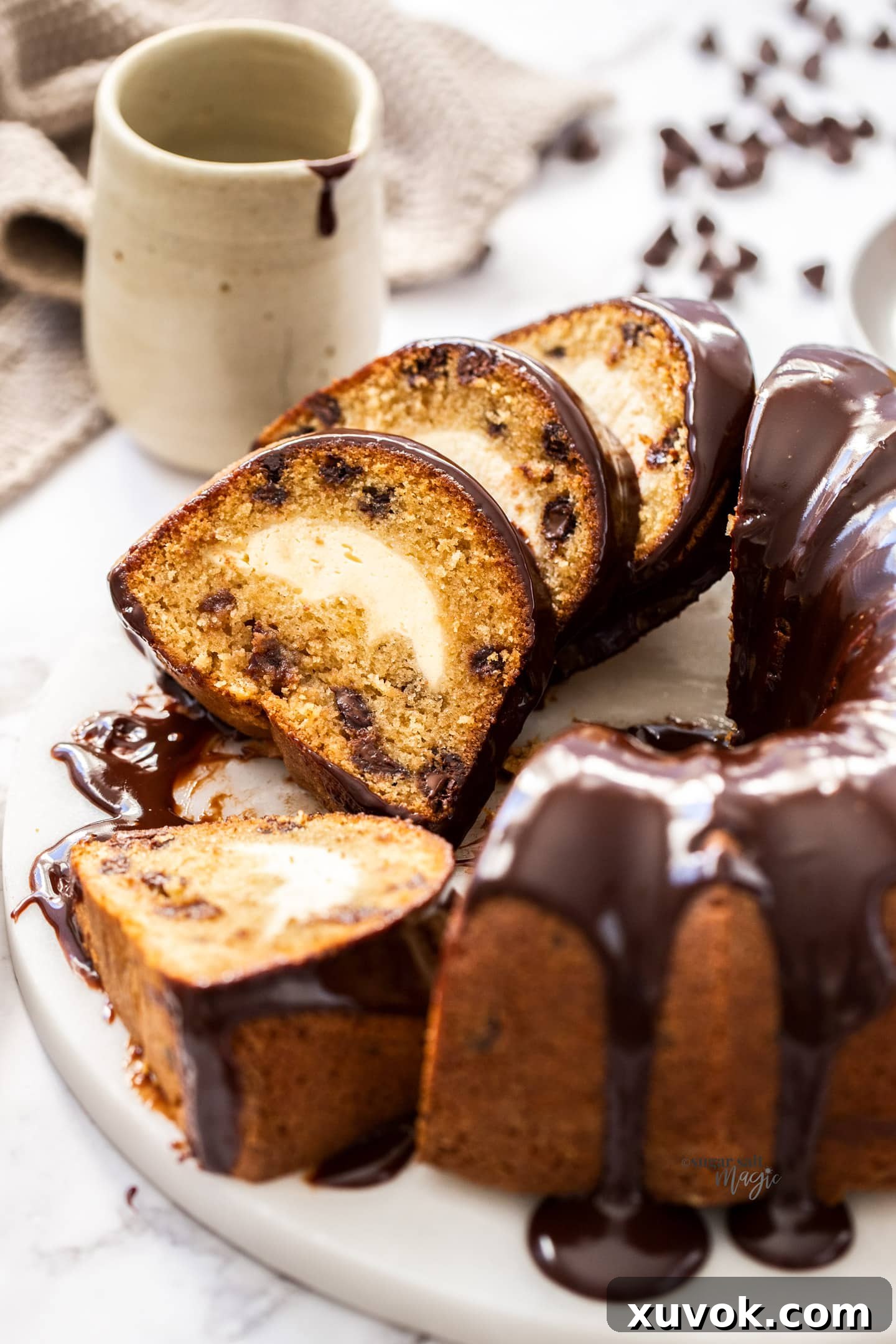 Slices of chocolate chip bundt cake leaning up against each other.