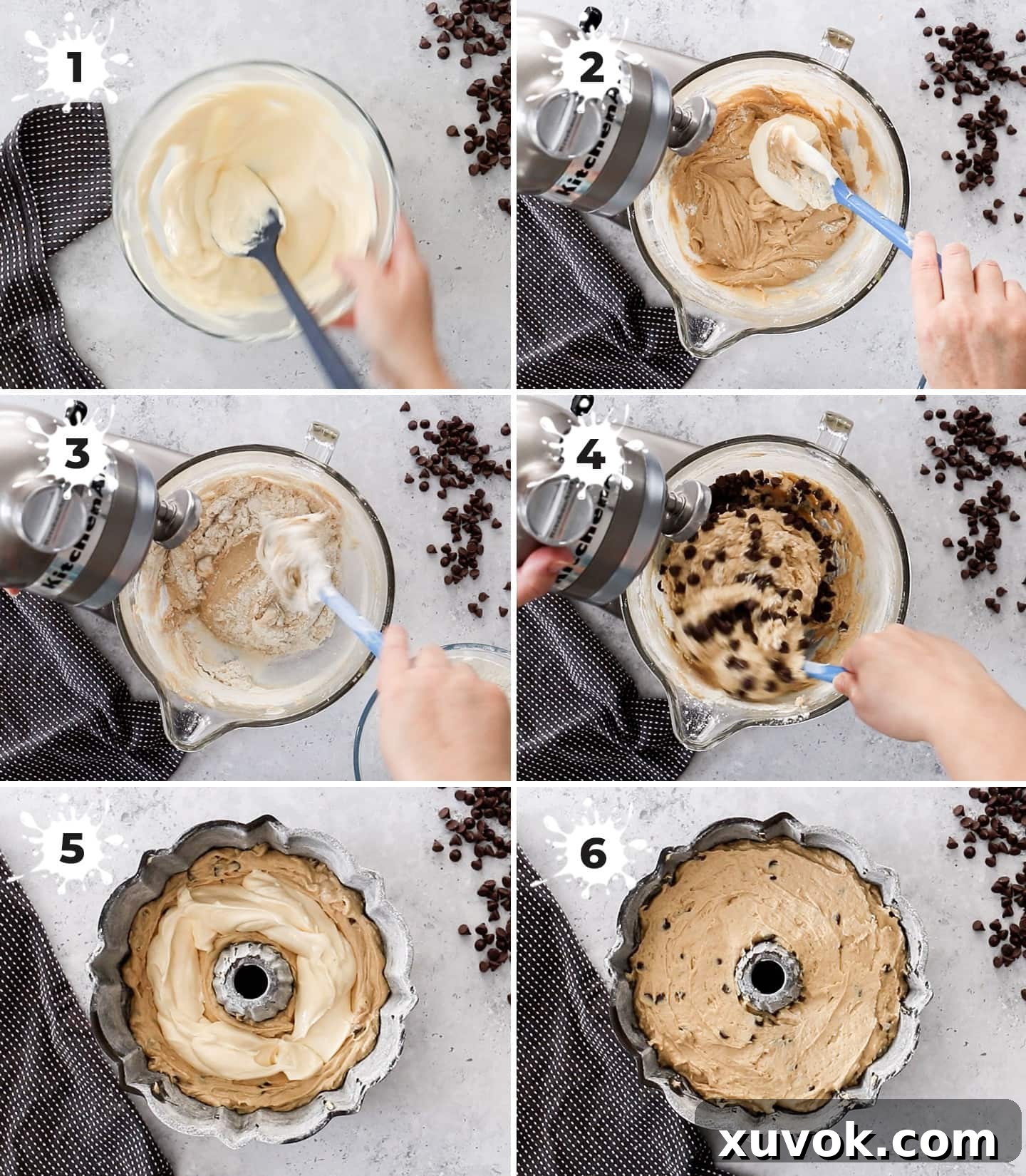A collage of 6 images showing how to make chocolate chip bundt cake.