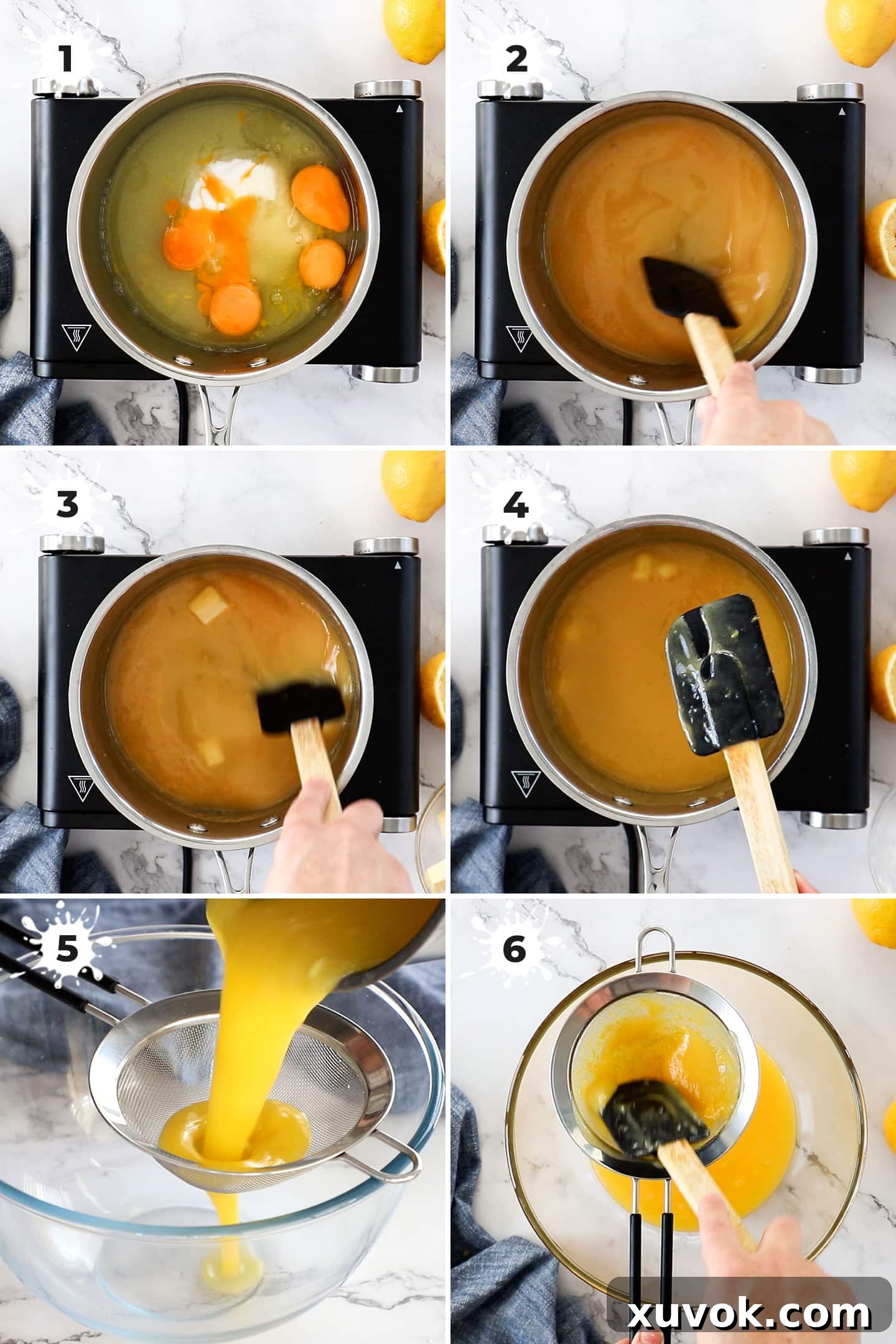6 images showing the steps to making lemon curd.