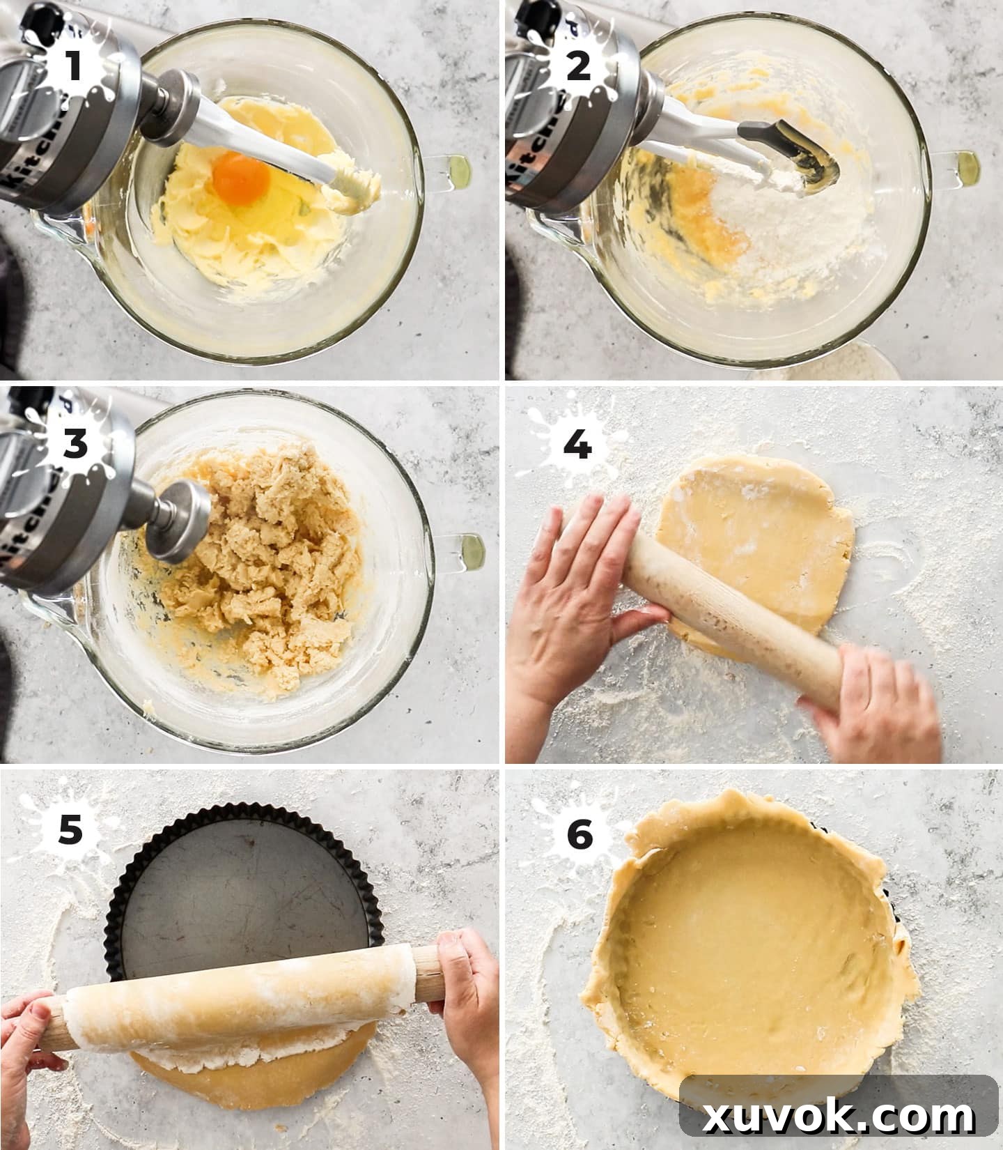 A visual guide showing the step-by-step process of making and preparing the tart crust for baking.