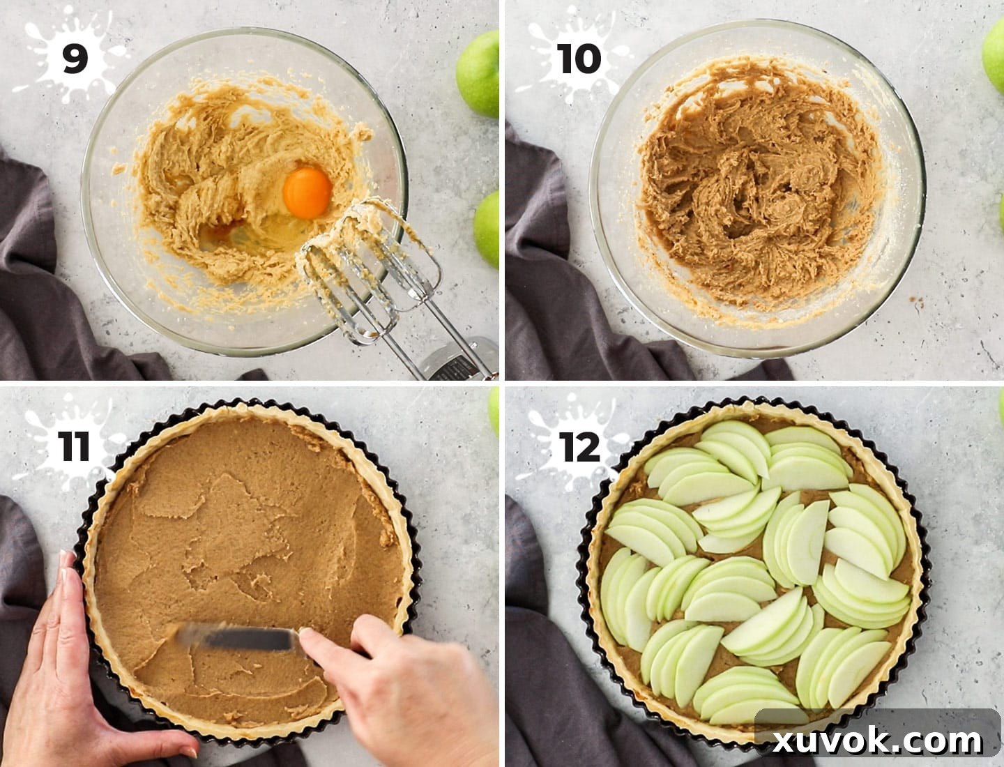 A collage displaying the steps to make the almond frangipane filling and assemble it with apples in the tart shell.