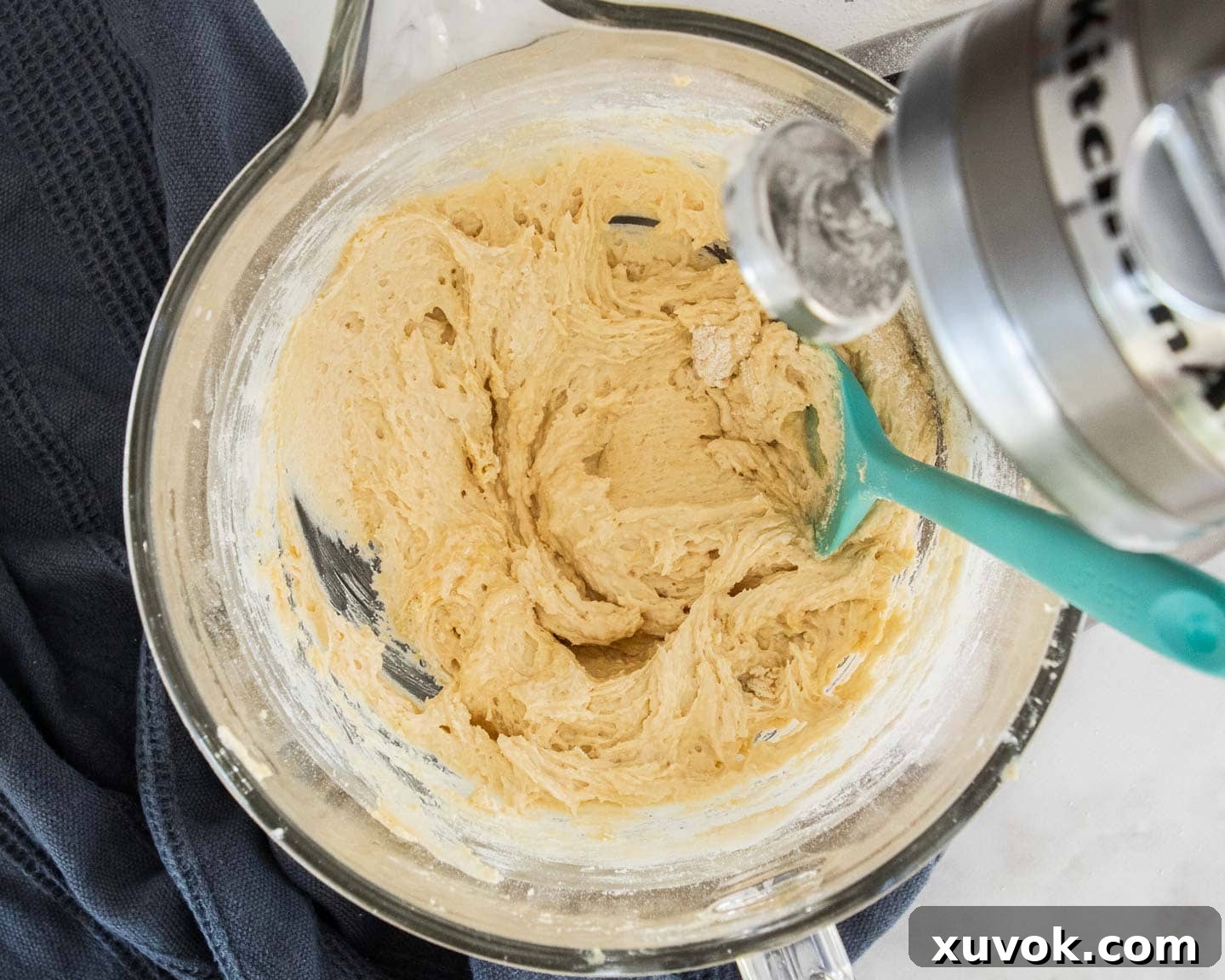 The batter in the mixing bowl after the sour cream and dry ingredients are mixed in.
