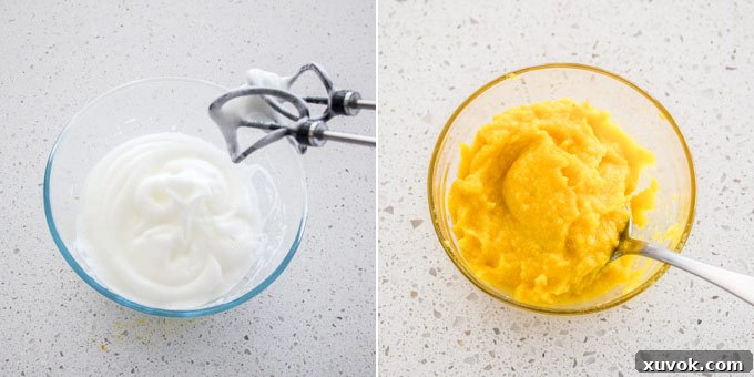 2 photos: foamy egg whites in a glass bowl, a yellow batter in another bowl, showing baking preparation steps for mini flourless ginger orange cakes.