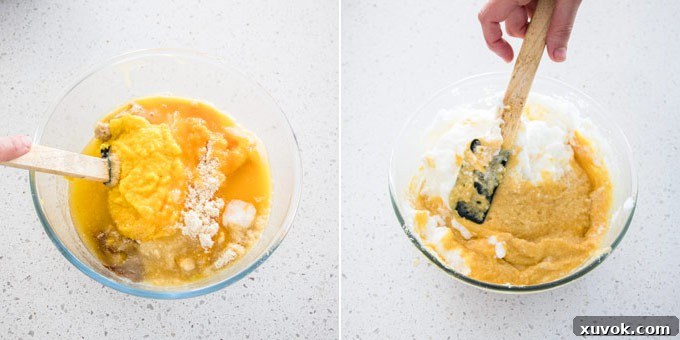 2 photos: mixing ingredients to make cake batter, folding egg whites into cake batter for light and airy ginger orange cakes.