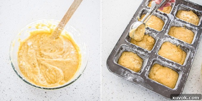 2 photos: cake batter in a glass bowl, dividing cake batter into a mini loaf tin, demonstrating precise portioning for mini cakes.