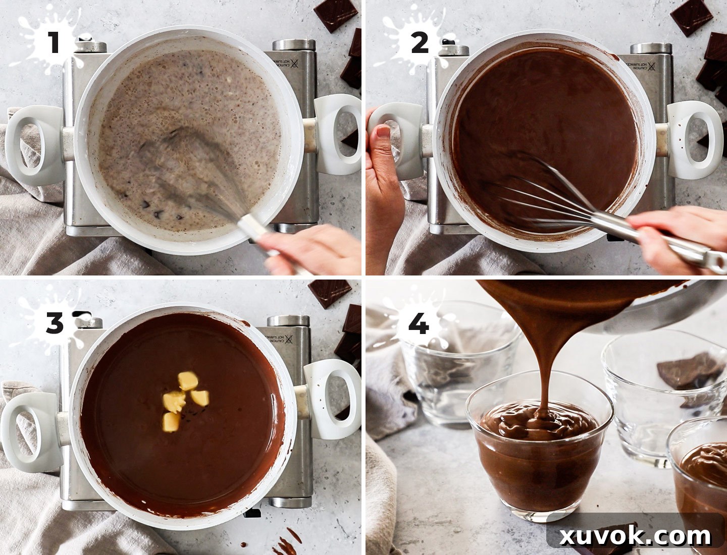 A collage showing how to make chocolate pots.