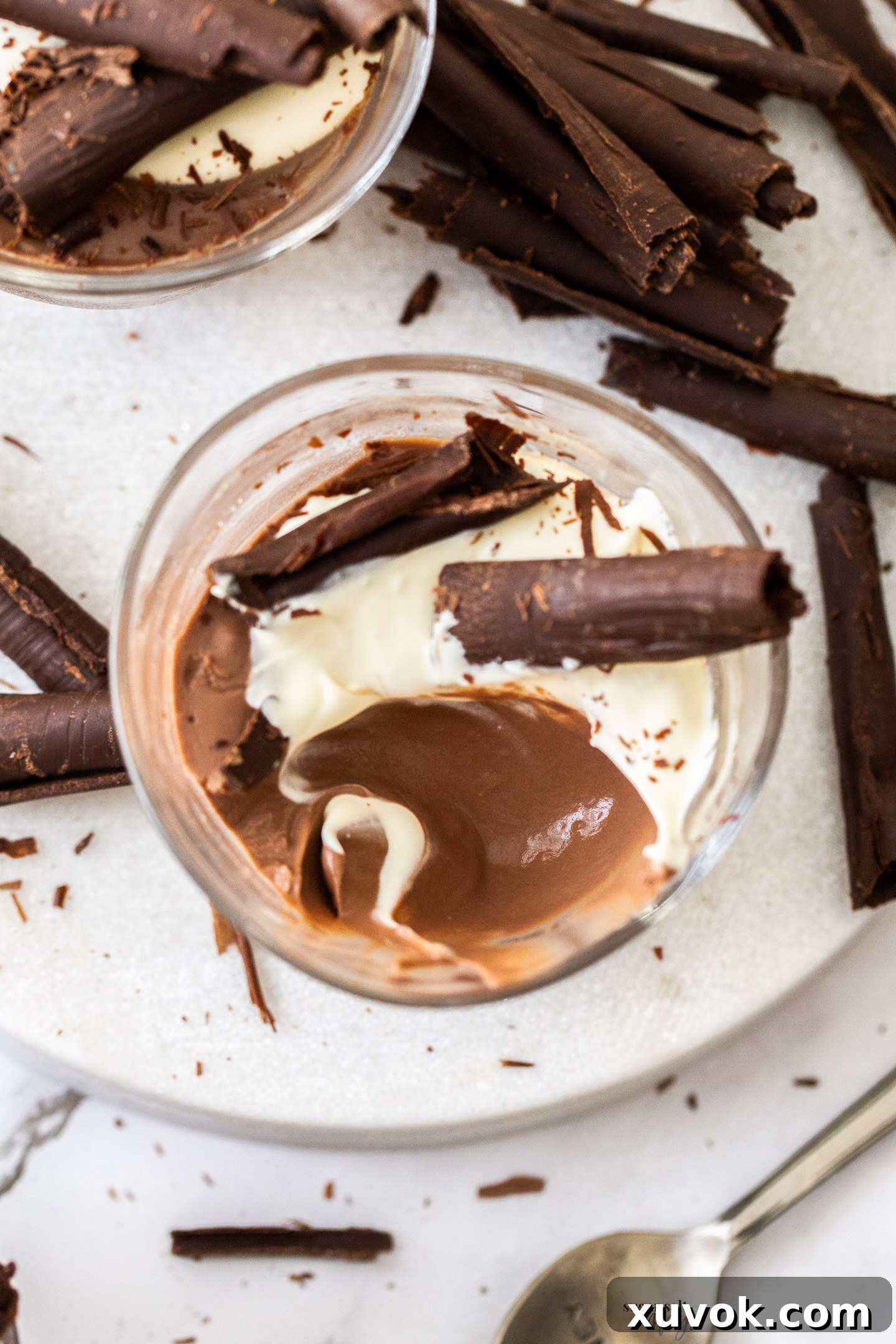 A scoop taken out of a chocolate pot showing the texture.