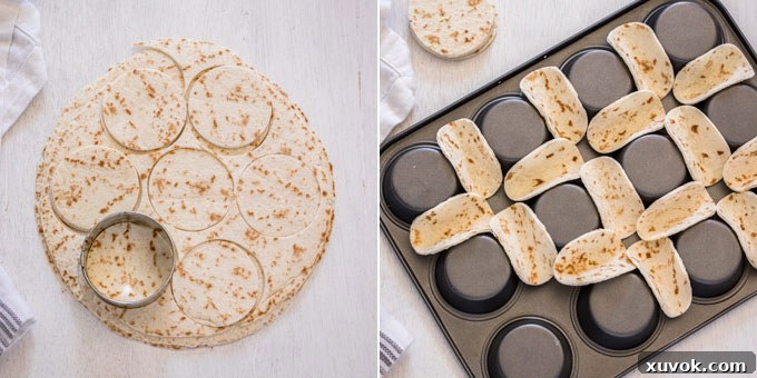 A collage showing how to make mini tortilla shells: cutting circles out of jumbo tortillas and sitting them between the holes of an upturned muffin tin to bake.
