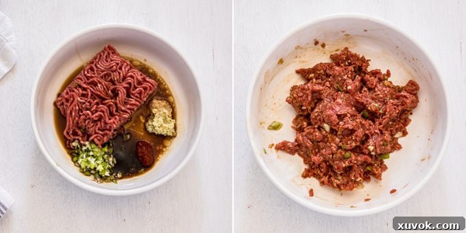Mixing together ground beef with soy sauce, garlic, ginger, and other bulgogi ingredients in a white bowl.