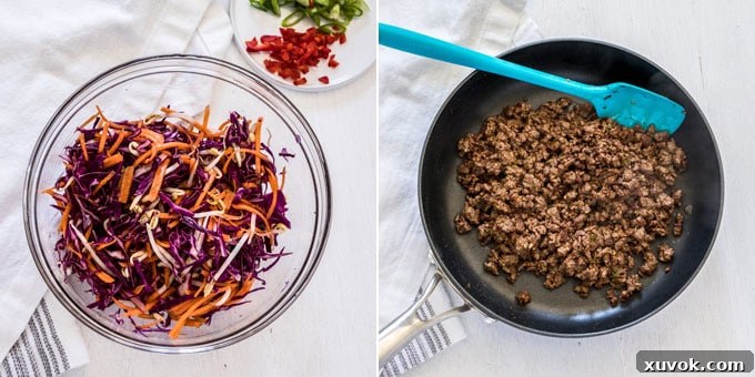 A bowl of fresh Asian slaw and a frying pan showing perfectly cooked, crispy beef mince for the tacos.