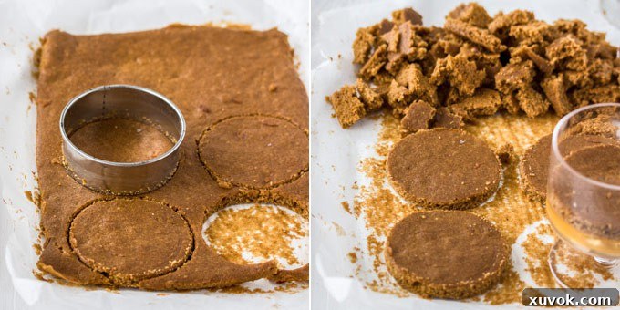 2 photos: cutting ginger cake with a round cookie cutter, round pieces of ginger cake and some cake crumbs in the back. Preparing cake layers for the trifle.