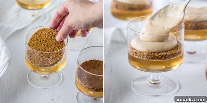 2 photos: adding a round piece of ginger cake cut to fit the glass, adding pudding. Step-by-step layering of the gingerbread trifle.