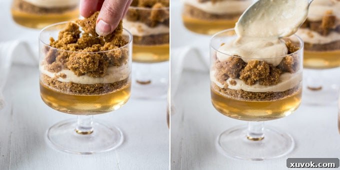 2 photos: adding ginger cake crumbs, adding pudding on top. Final pudding layer and topping with gingerbread cake.