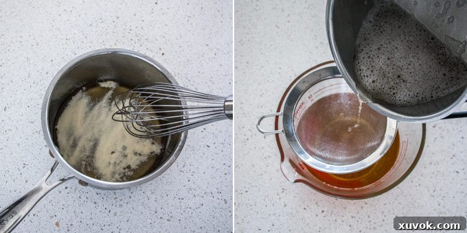 2 photos showing how to make the jelly layer for Gingerbread Trifle. Step-by-step visuals for a perfect set jelly.