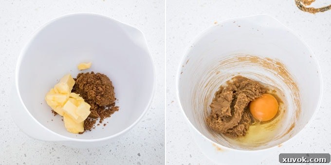 2 photos: butter and brown sugar in a mixing bowl, adding egg. Visual guide to baking the perfect gingerbread cake.