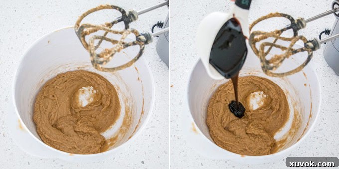 2 photos: beating wet ingredients for ginger cake batter, adding treacle. Key steps for a flavorful gingerbread cake.