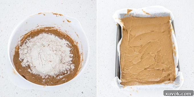 2 photos: adding flour mixture to wet ingredients, spreading cake batter into a rectangular tin. Ensuring a smooth cake batter.