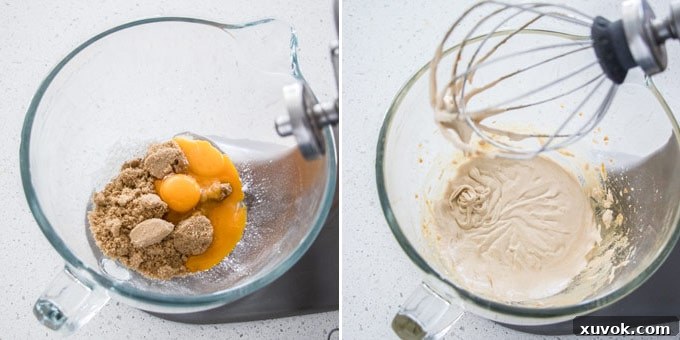 2 photos: beating egg yolks and brown sugar in a stand mixer. Preparing the creamy butterscotch pudding base.