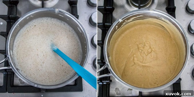 2 photos: making butterscotch pudding in a stainless steel pot. Stirring sugar into the pudding, placing plastic wrap on top of pudding in a glass bowl. Achieving a perfectly smooth and thick pudding.