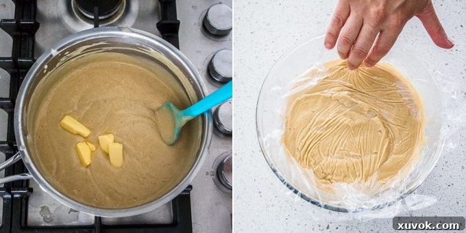 2 photos: stirring sugar into the pudding, placing plastic wrap on top of pudding in a glass bowl. Cooling the butterscotch pudding to prevent a skin.