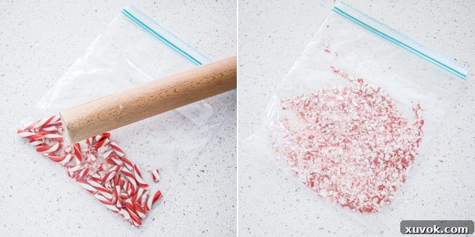 2 photos: Using a rolling pin to crush candy canes in a plastic bag.