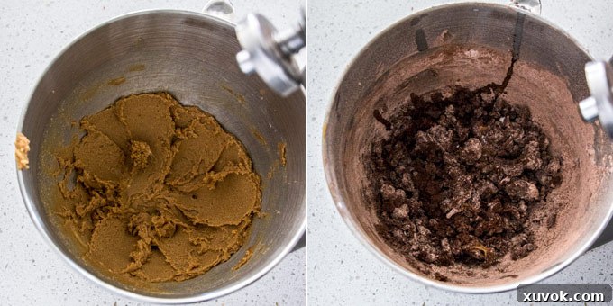 2 photos: making chocolate cookie dough in a stand mixer.