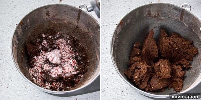 2 photos: adding crushed candy cane to chocolate cookie dough.