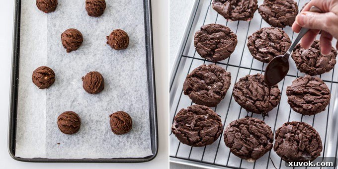 2 photos: cookie dough on a baking tin ready to bake and then the baked cookies on a wire rack being drizzled with chocolate.