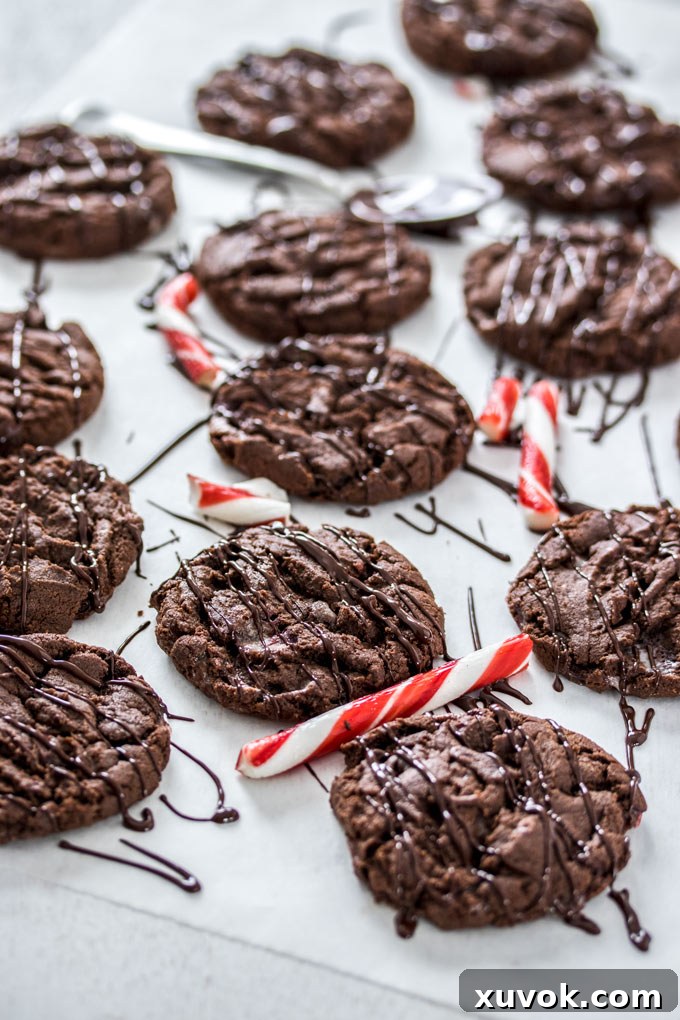 Chocolate cookies surrounded by candy canes and melted chocolate drizzle.
