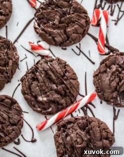 Chocolate cookies surrounded by candy canes and melted chocolate drizzle