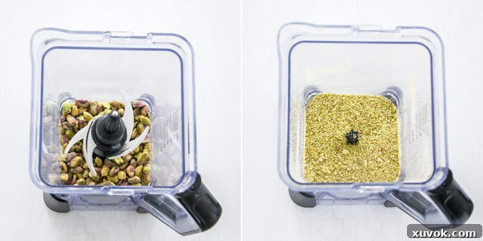 Two images side by side: whole pistachios in a blender, followed by finely ground pistachio crumbs in the same blender.