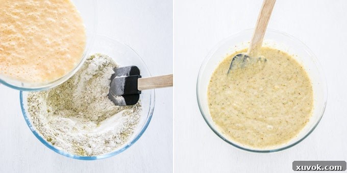 Two images illustrating the cupcake batter preparation: one shows dry and wet ingredients being combined, the second shows the smooth cupcake batter in a glass bowl.