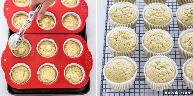 Two images: one shows cupcake batter being divided into red muffin liners, the second displays perfectly baked pistachio cupcakes cooling on a wire rack.
