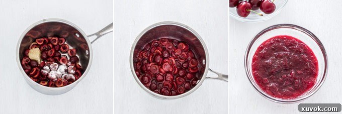 A three-panel collage demonstrating the process of making cherry compote: fresh cherries in a saucepan, simmering compote, and partially pureed compote.