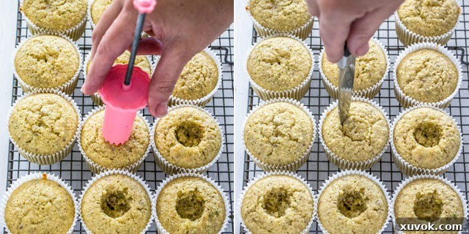 Two images showing how to fill cupcakes: one shows a cupcake corer removing a hole from a pistachio cupcake, the second shows the cherry compote being spooned into the created hole.