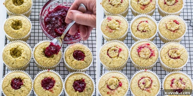 Two images: one shows a cupcake being filled with cherry compote, the other shows a small cake offcut being placed back into the hole to cover the filling.