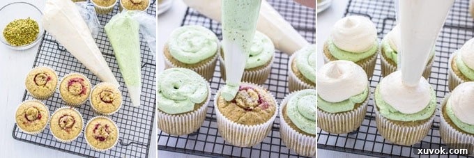 A three-panel collage showing the application of two-toned buttercream: piping bags with white and green frosting, piping the green base layer, and then piping the white dome on top.