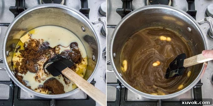 2 photos: cooking fudge in a saucepan.