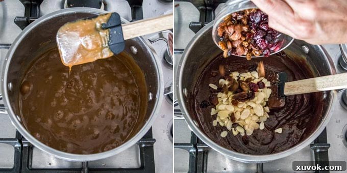 2 photos: showing the consistency of the mixture on a spatula, adding nuts and dried fruits.