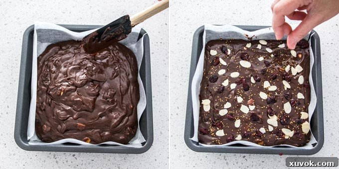 2 photos: spreading fudge mixture in a square tin, adding more toppings.