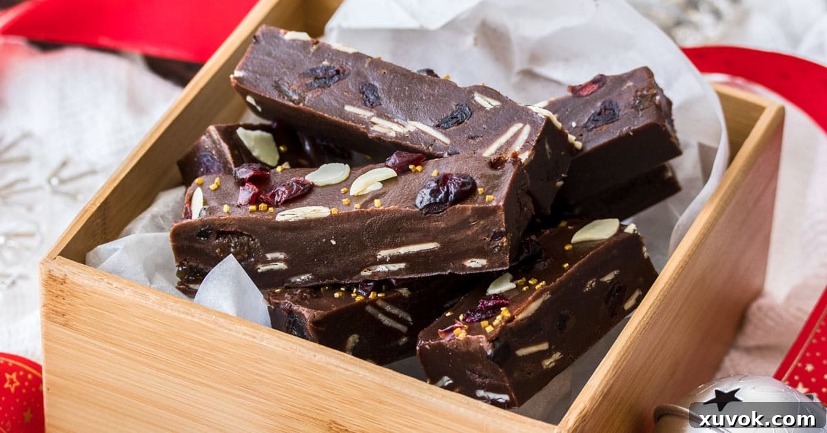 Closeup of Christmas Fudge in a wooden box.