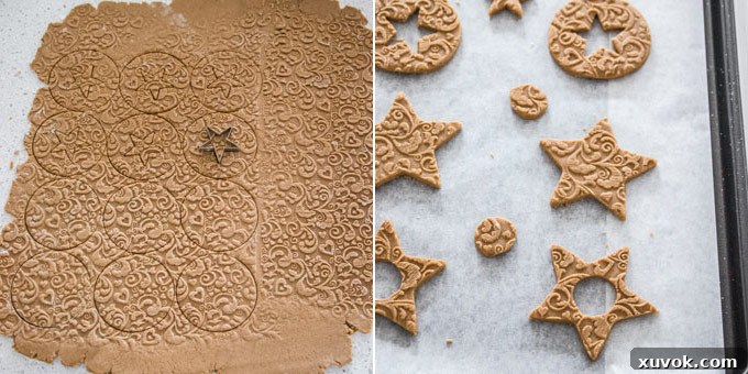 Shapes being cut from rolled out cookie dough